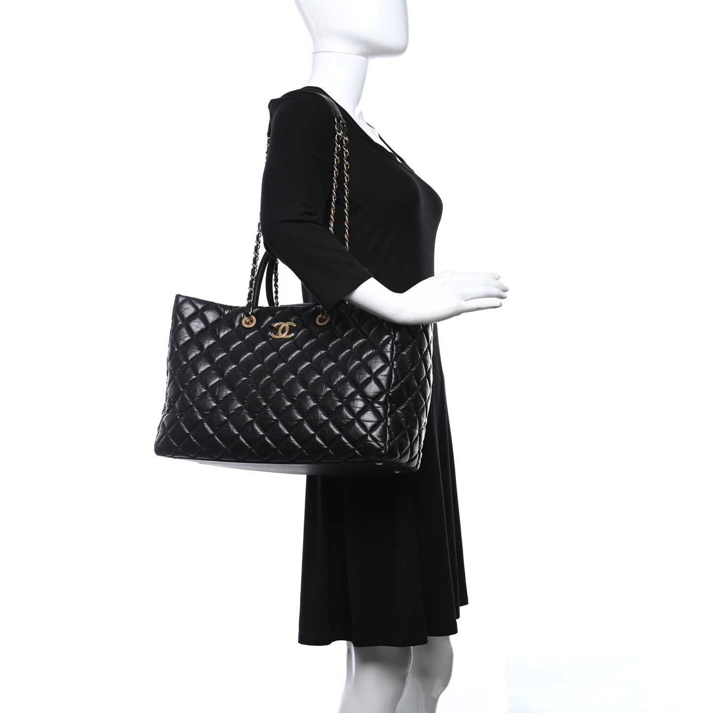 Aged Calfskin Quilted Large Coco Handle Shopping Tote Black
