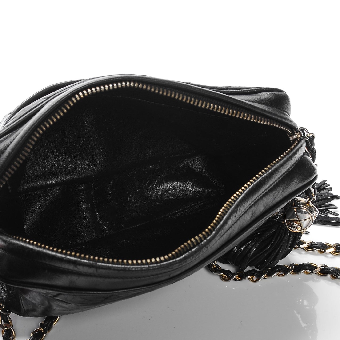 Lambskin Chevron Tassel Camera Case Black