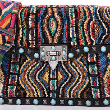 Valentino Garavani Pebbled Calfskin Beaded Medium Guitar Strap Rockstud Rolling Flap Saddle Bag Black 9 of 9