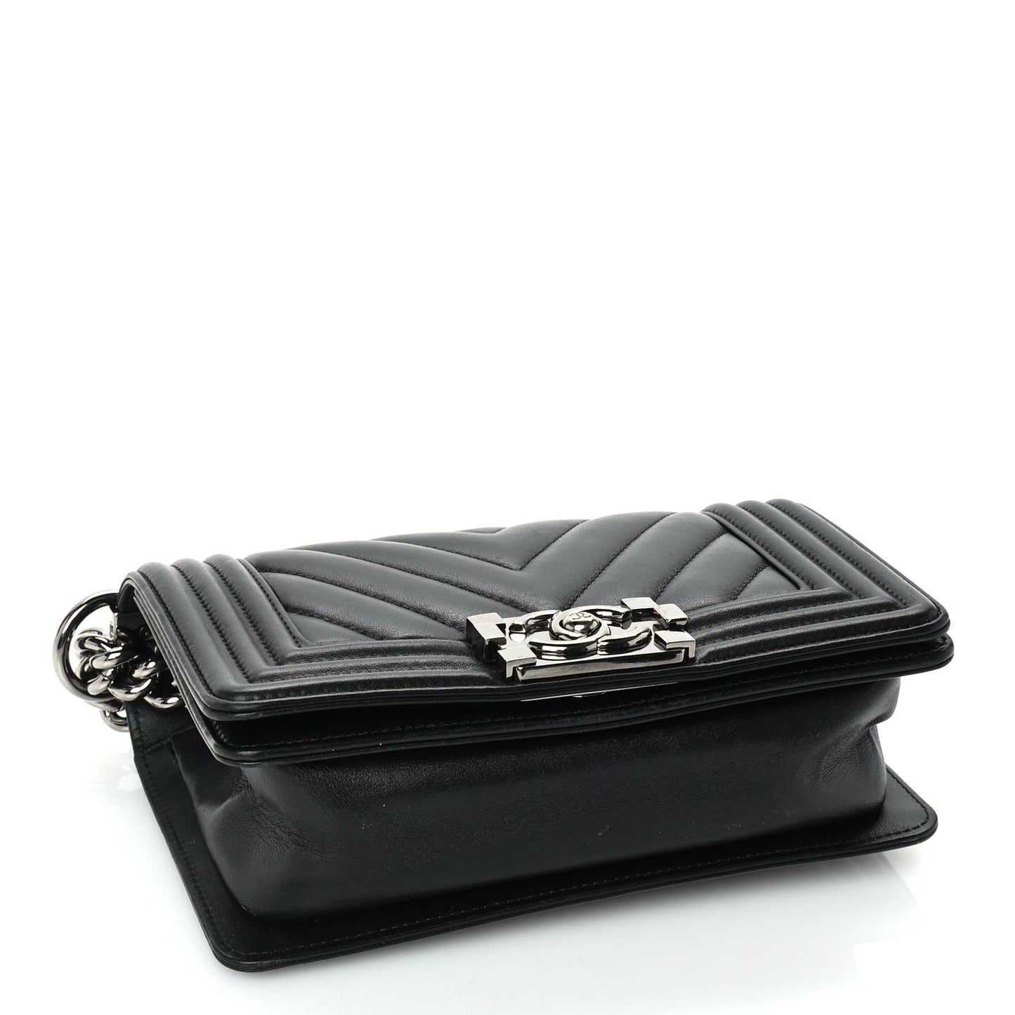 Lambskin Chevron Quilted Small Boy Flap  Black