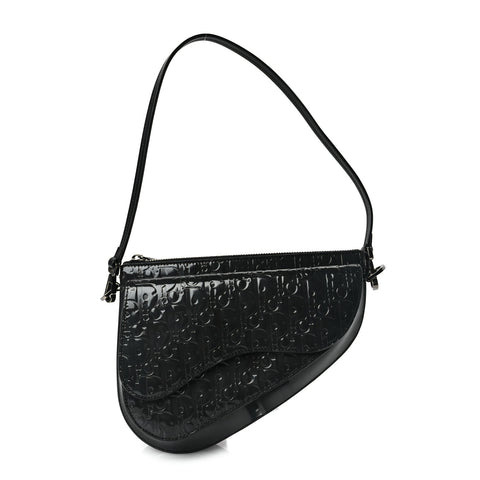 Patent Oblique Embossed Saddle Boxy Bag Black