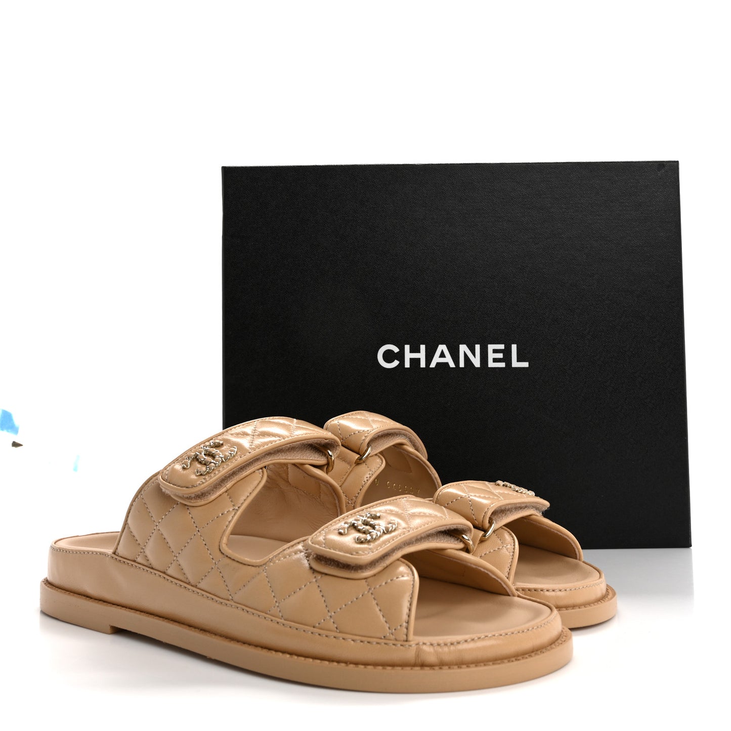 Lambskin Quilted Velcro Dad Chain CC Slide Sandals 39 Beige