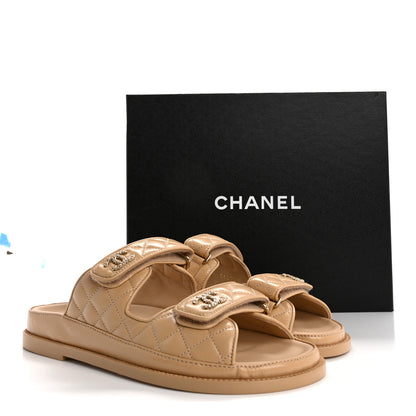 Chanel Lambskin Quilted Velcro Dad Chain CC Slide Sandals 39 Beige 10 of 10