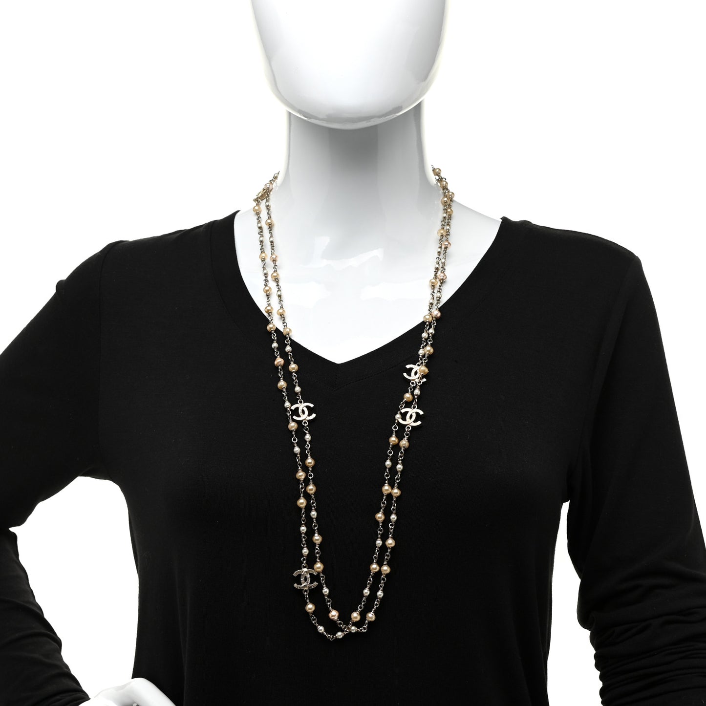 Pearl CC Multi Strand Long Necklace Gold