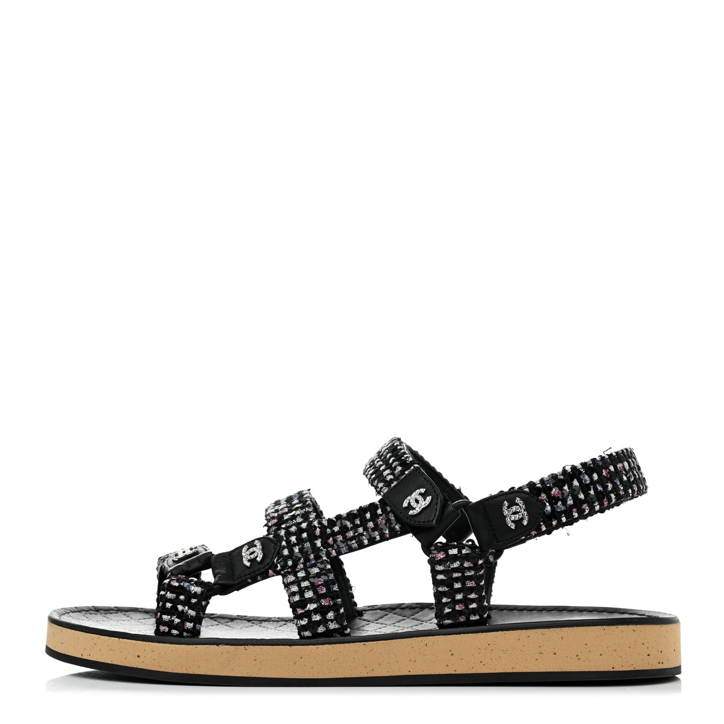 Tweed Lambskin Crystal CC Sandals 41 Black Multicolor