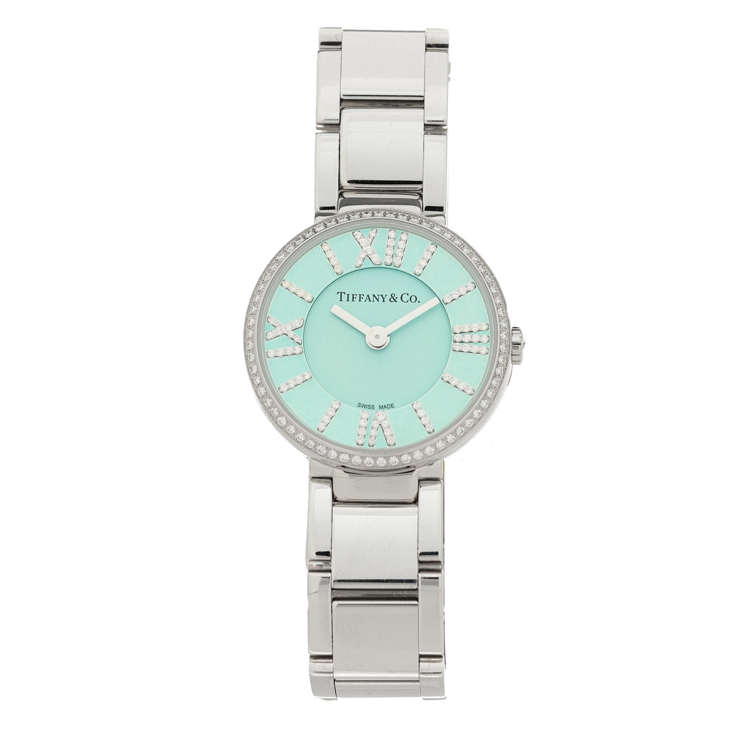 Tiffany Stainless Steel Diamond Bezel 24mm Atlas 2-Hand Quartz Watch Ice Blue 1 of 5
