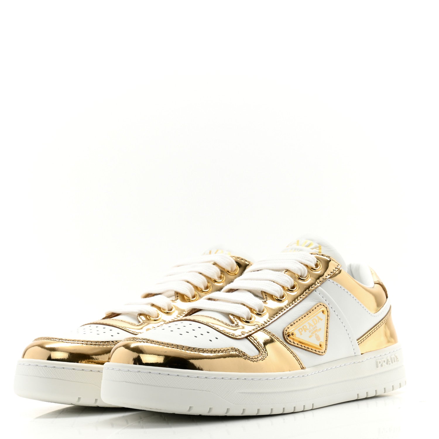 Prada Vitello Metallic Calfskin Metal Triangle Logo Womens Downtown Low Top 30mm Sneakers 35.5 White Platino 3 of 11