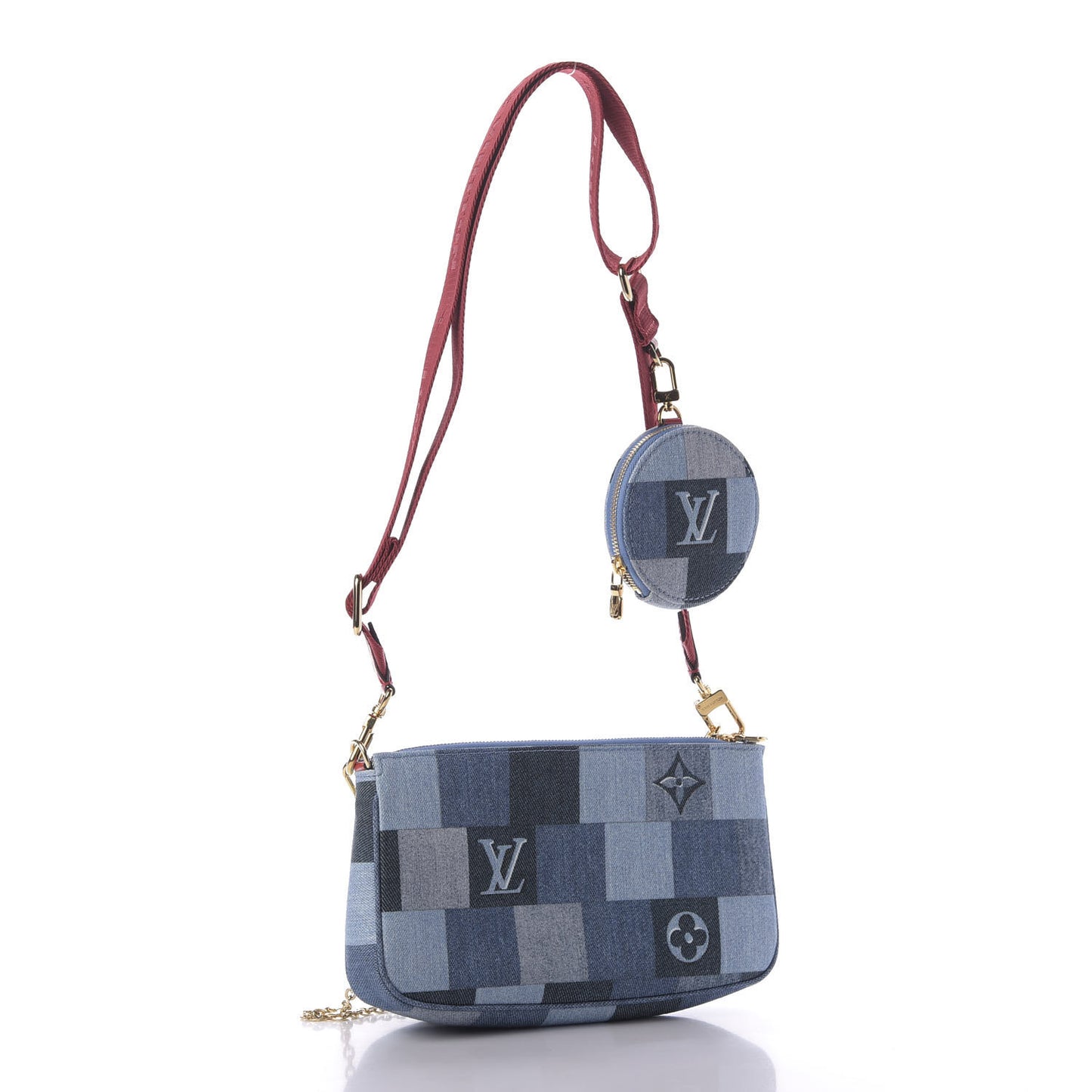 Denim Damier Monogram Patchwork Multi Pochette Accessories Blue Rouge