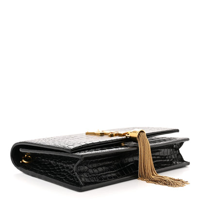 Saint Laurent Calfskin Crocodile Embossed Kate Monogram Tassel Chain Wallet Black 4 of 10