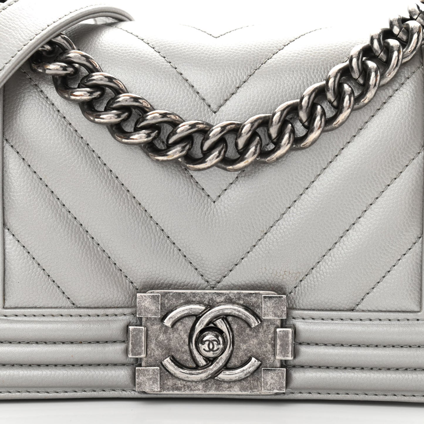 Metallic Caviar Chevron Quilted Small Boy Flap Silver