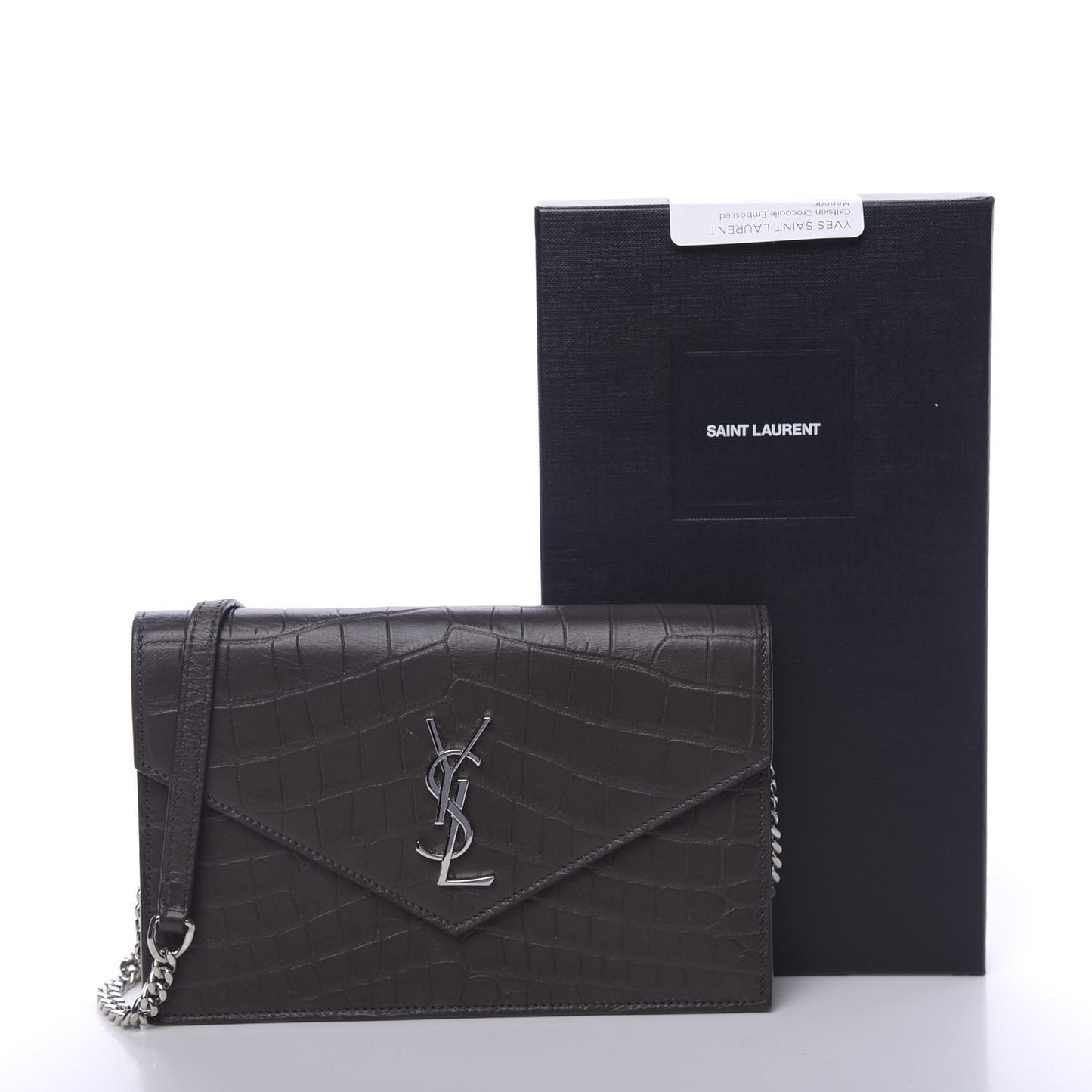 Calfskin Crocodile Embossed Monogram Chain Wallet Dark Anthracite