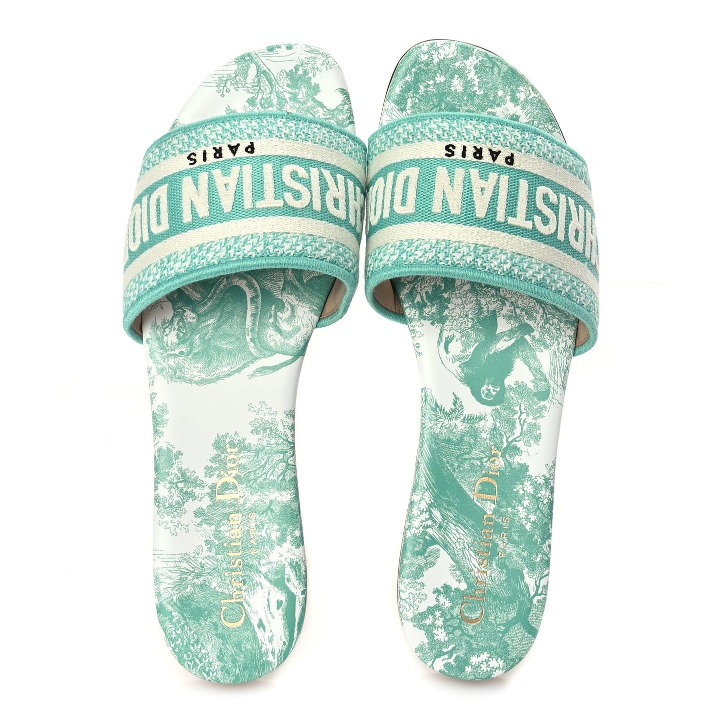 Canvas Toile De Jouy Embroidered Dway Flat Slide Sandals 36 Aquamarine