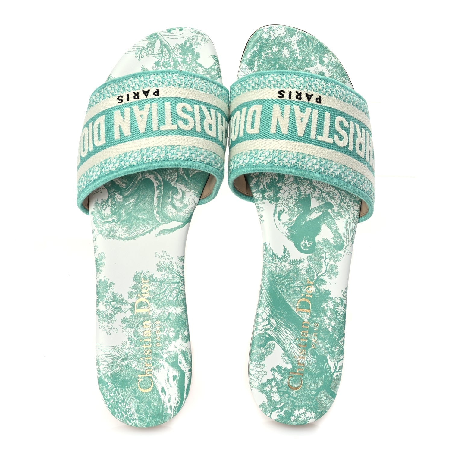 Christian Dior Canvas Toile De Jouy Embroidered Dway Flat Slide Sandals 36 Aquamarine 2 of 9