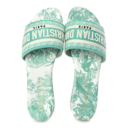 Christian Dior Canvas Toile De Jouy Embroidered Dway Flat Slide Sandals 36 Aquamarine 2 of 9