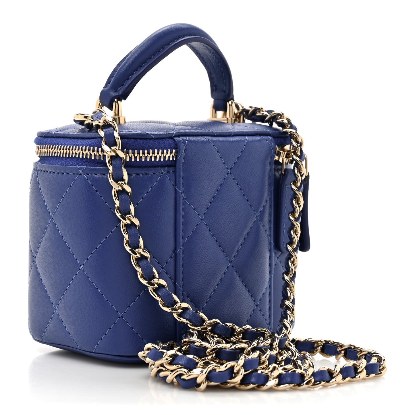 Lambskin Quilted Top Handle Mini Vanity Case With Chain Blue