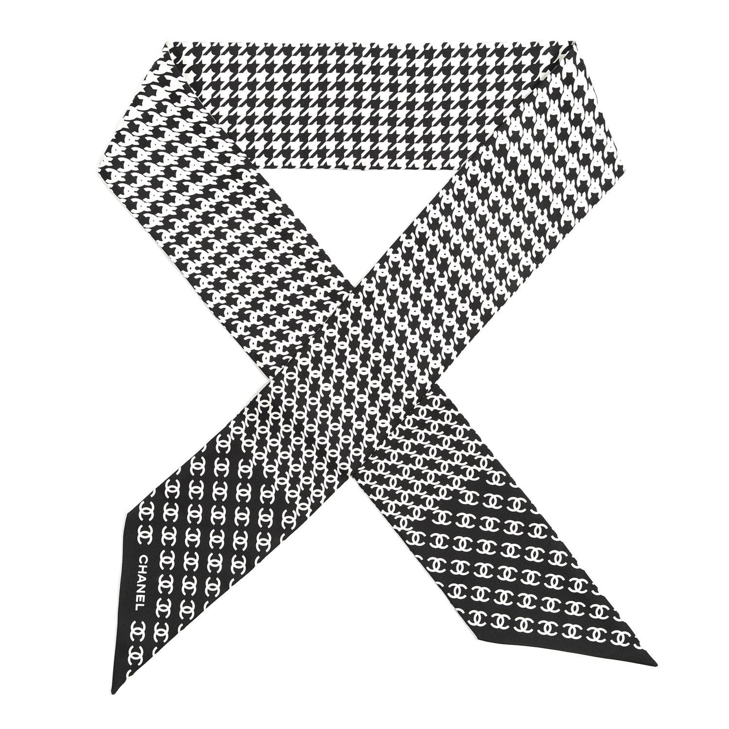 Silk Twill Houndstooth Slim Bandeau Scarf Black Ecru