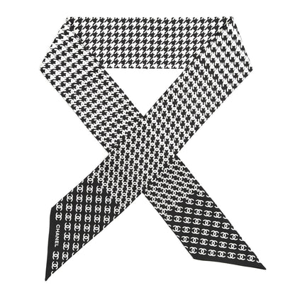 Chanel Silk Twill Houndstooth Slim Bandeau Scarf Black Ecru 1 of 3