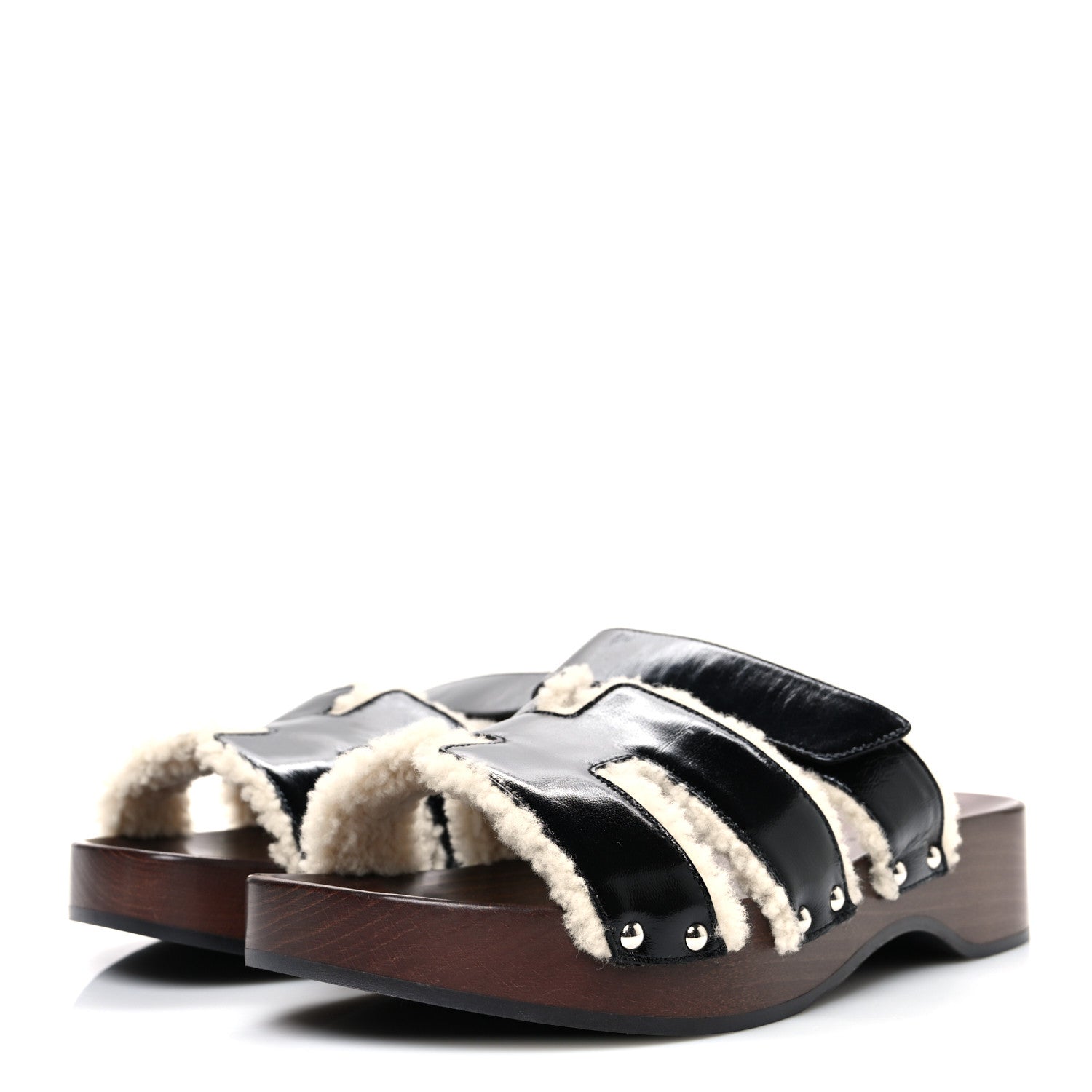 Hermes Glazed Nappa Shearling Womens Kos Clog 40 Black Ecru 4 of 10