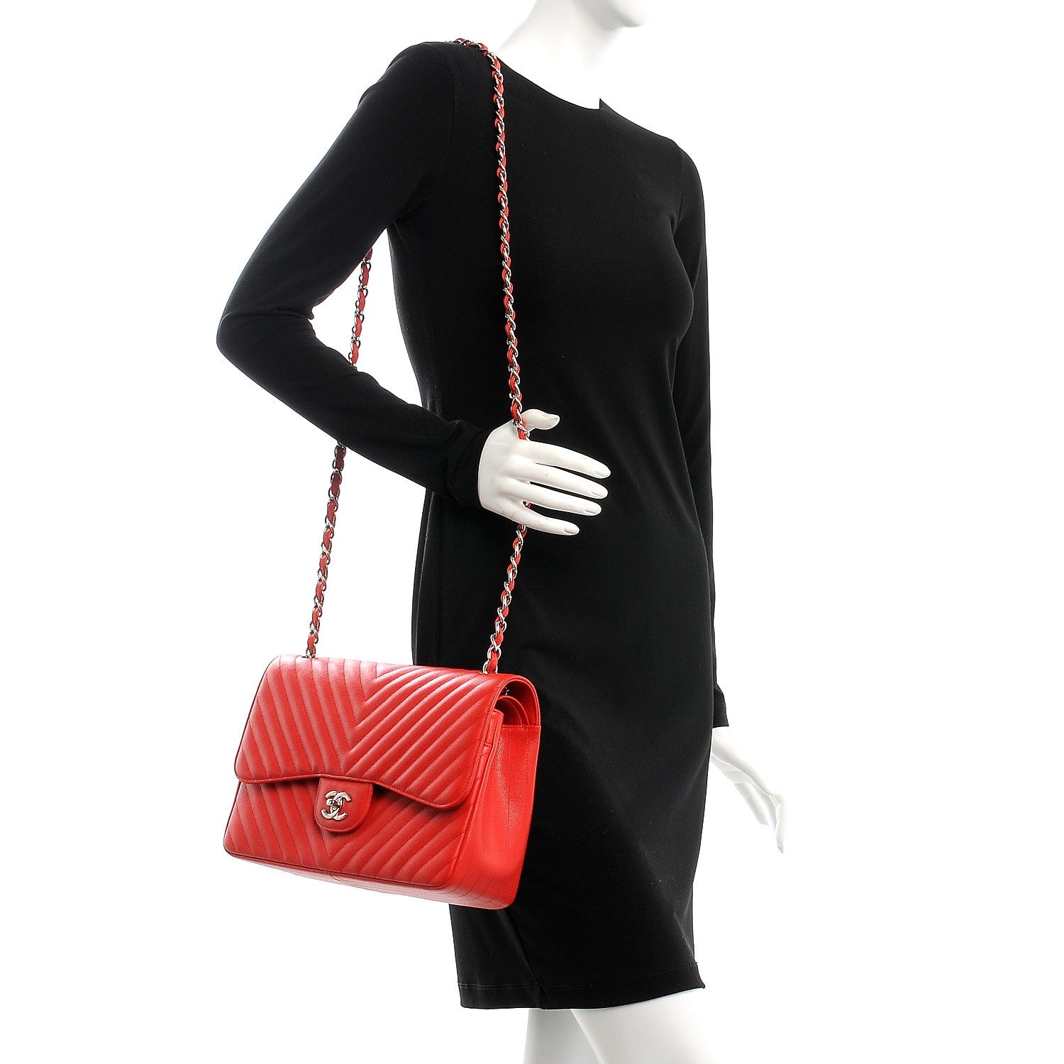 Chanel Caviar Chevron Quilted Jumbo Double Flap Red 2 of 9