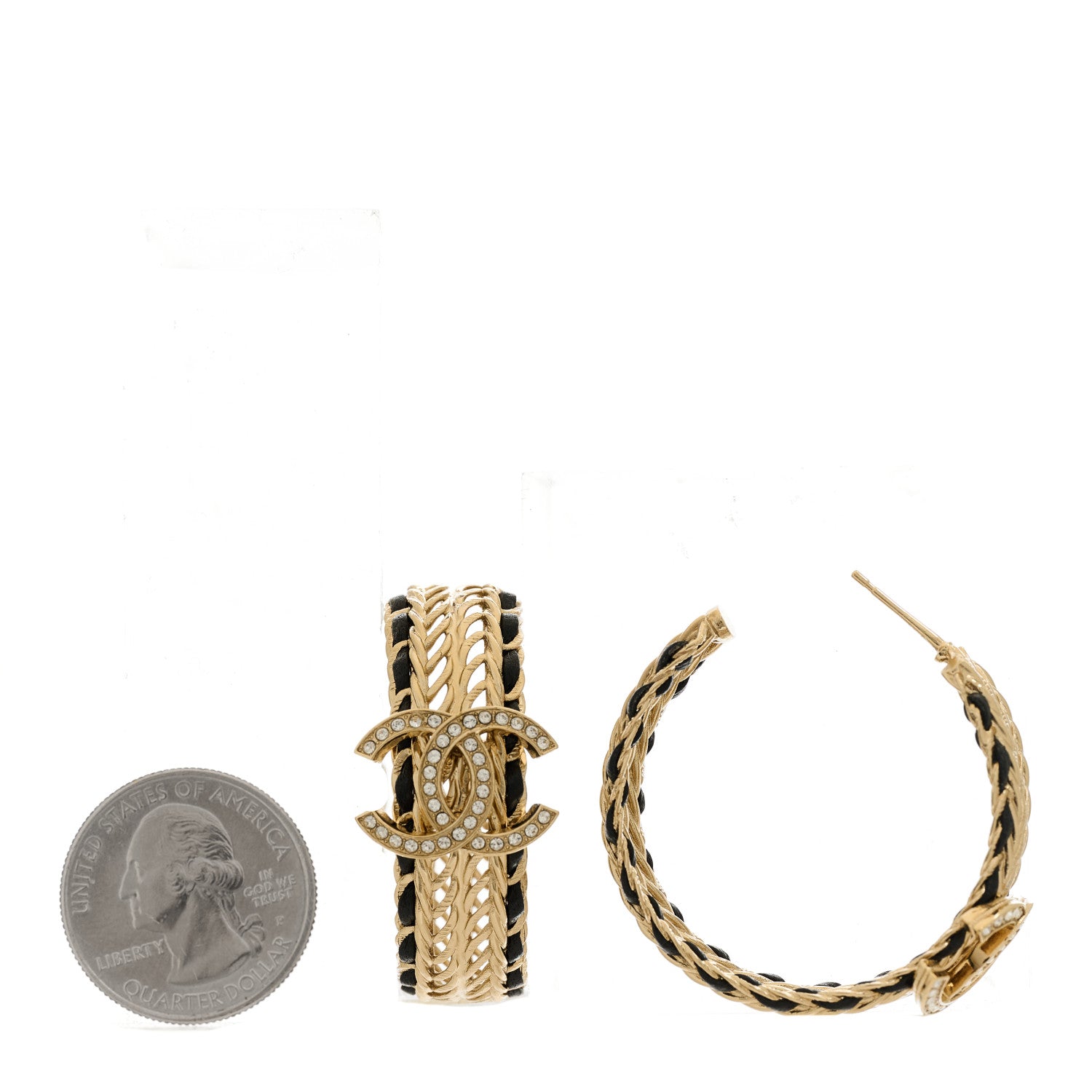 Chanel Crystal Lambskin CC Double Chain Hoop Earrings Gold Black 2 of 4