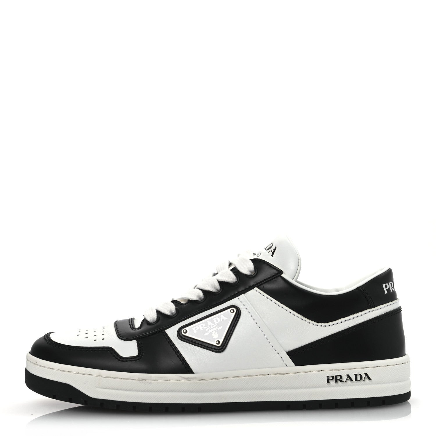 Prada Vitello Sport Spazzolato Rois Metal Triangle Logo Downtown Low Top Sneakers 37.5 White Black 1 of 7