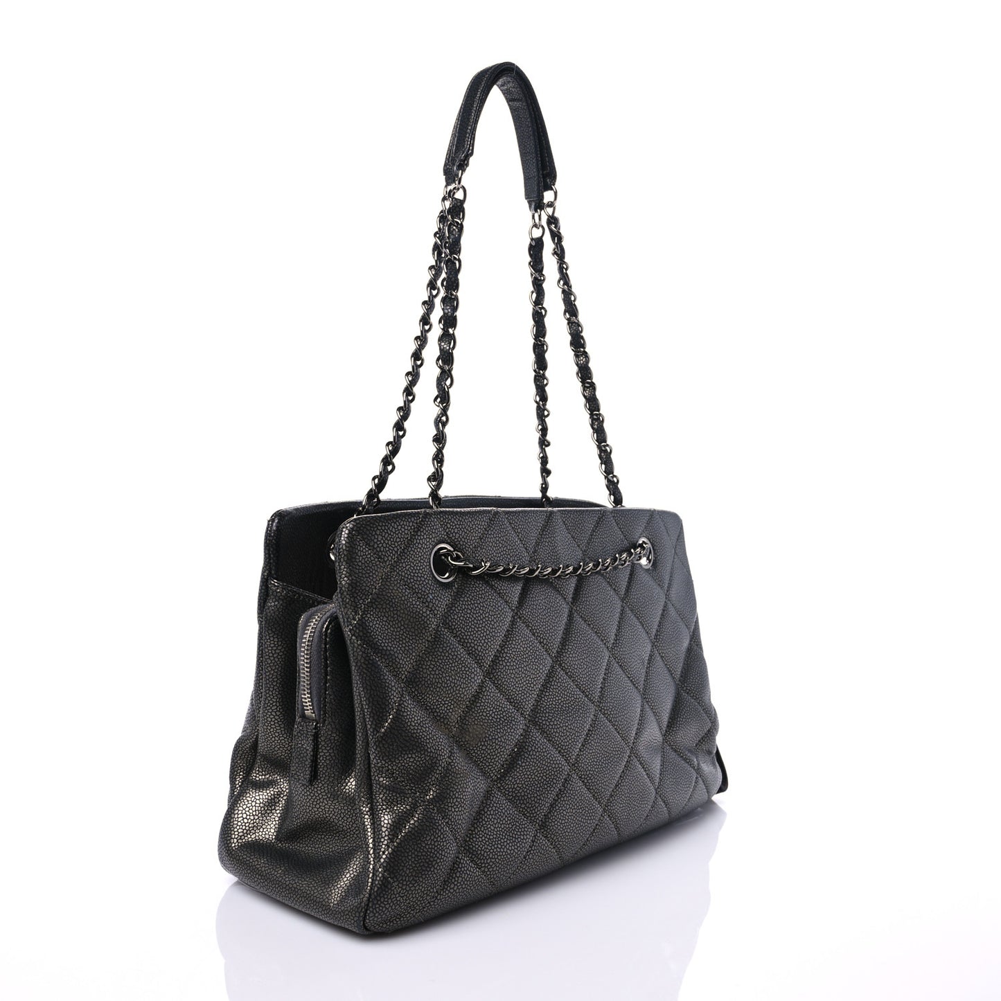 Metallic Caviar Quilted CC Tote Dark Silver