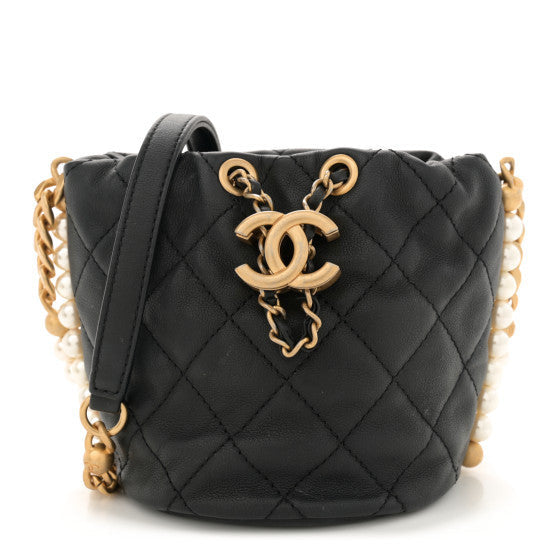 Calfskin Quilted Pearl Mini About Pearls Drawstring Bucket Bag Black