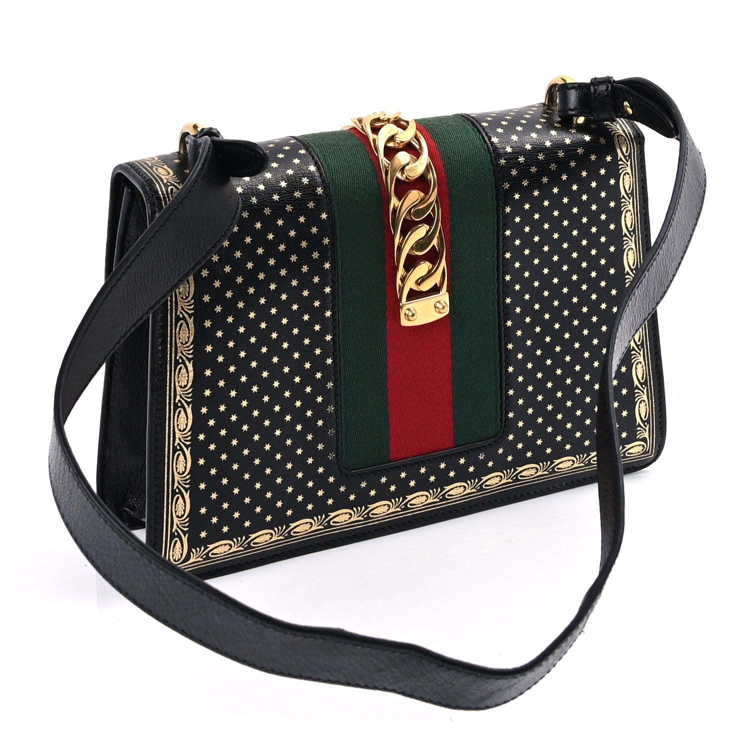 Gucci Calfskin Star Printed Small Sylvie Shoulder Bag Gold Black 2 of 7