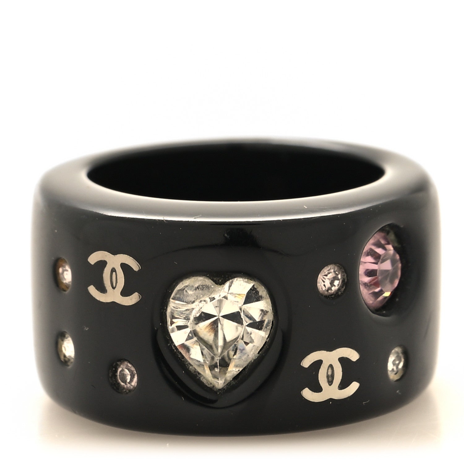 Chanel Resin Crystal Heart CC Heart Ring 52 6 Black 1 of 4