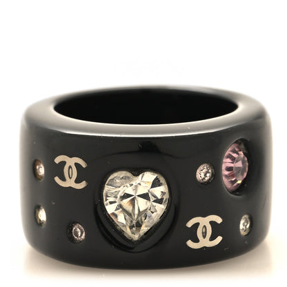 Chanel Resin Crystal Heart CC Heart Ring 52 6 Black 1 of 4