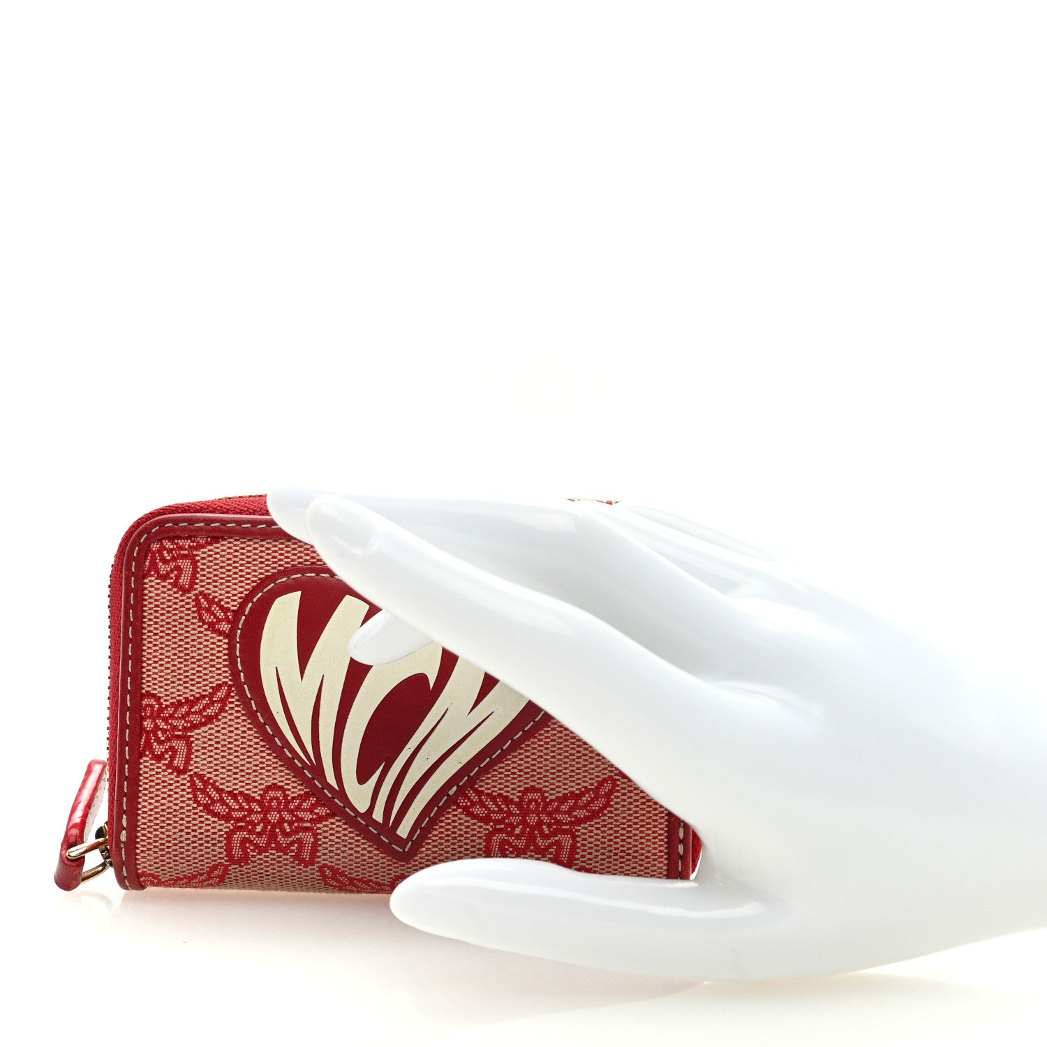 MCM Lauretos Jacquard Monogram Mini Heart Zip Around Wallet Red White 2 of 6