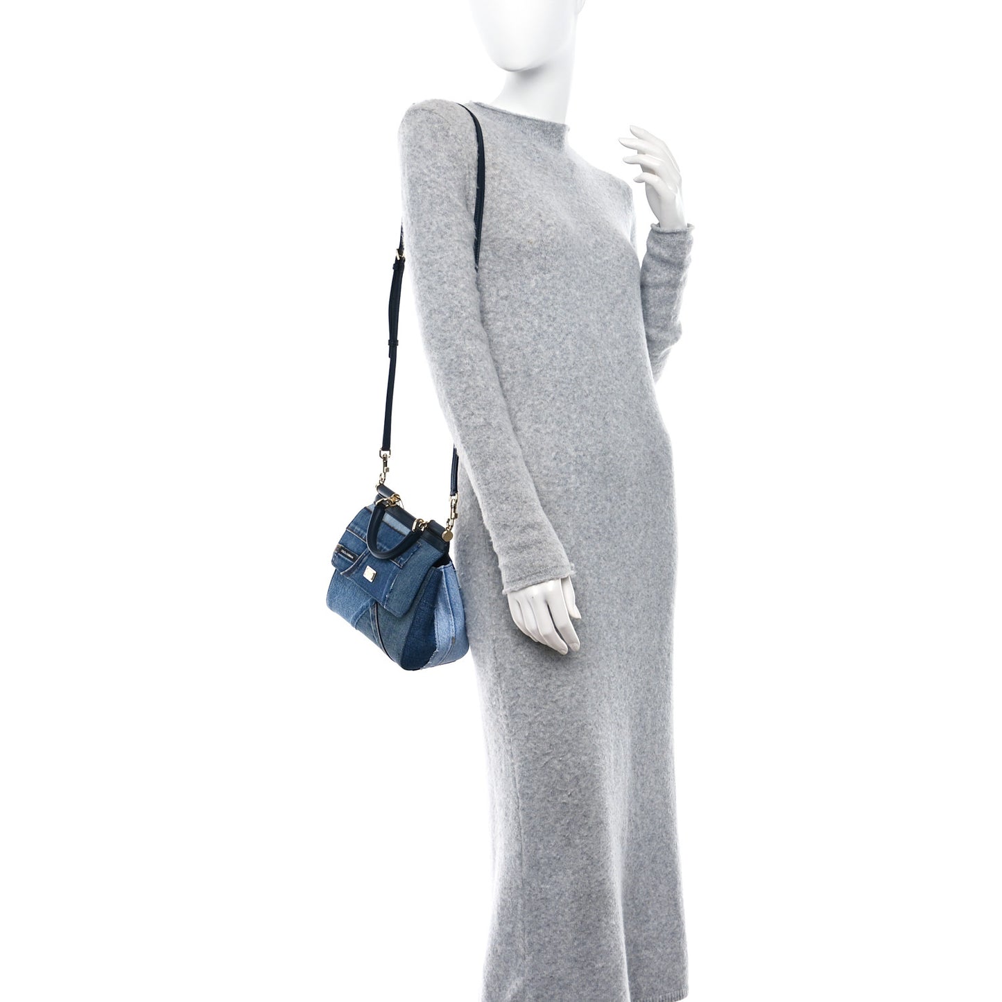 Calfskin Denim Patchwork Mini Miss Sicily Satchel Blue