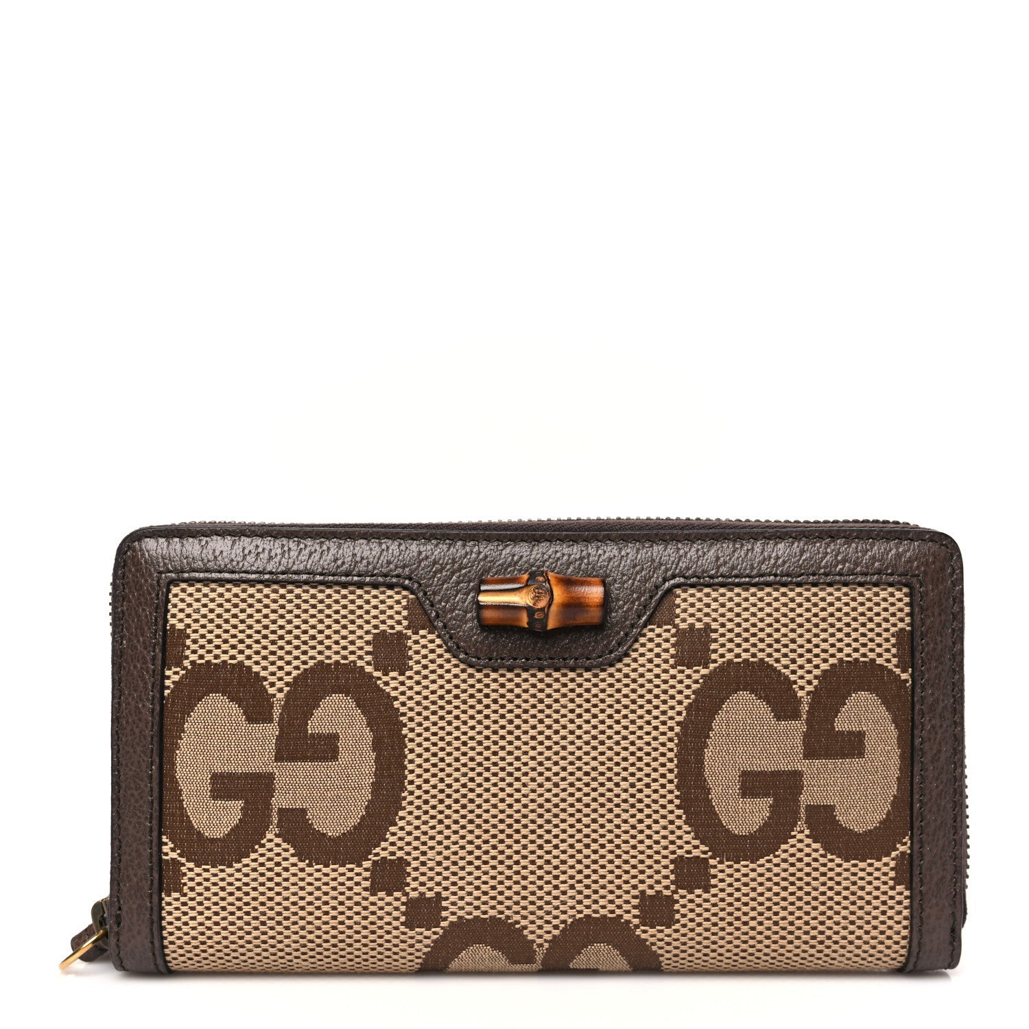 Gucci Monogram Jumbo GG Textured Dollar Calfskin Diana Zip Around Continental Wallet Camel Ebony New Acero 1 of 7