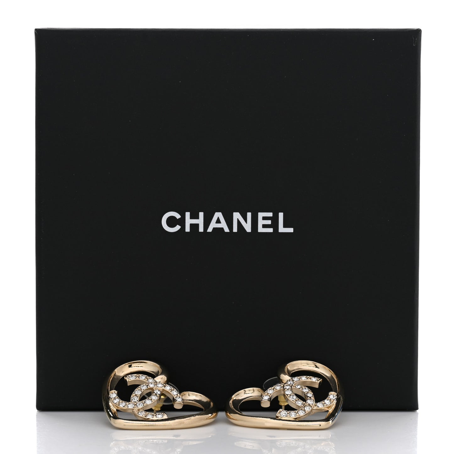 Metal Crystal CC Logo Open Heart Earrings Gold