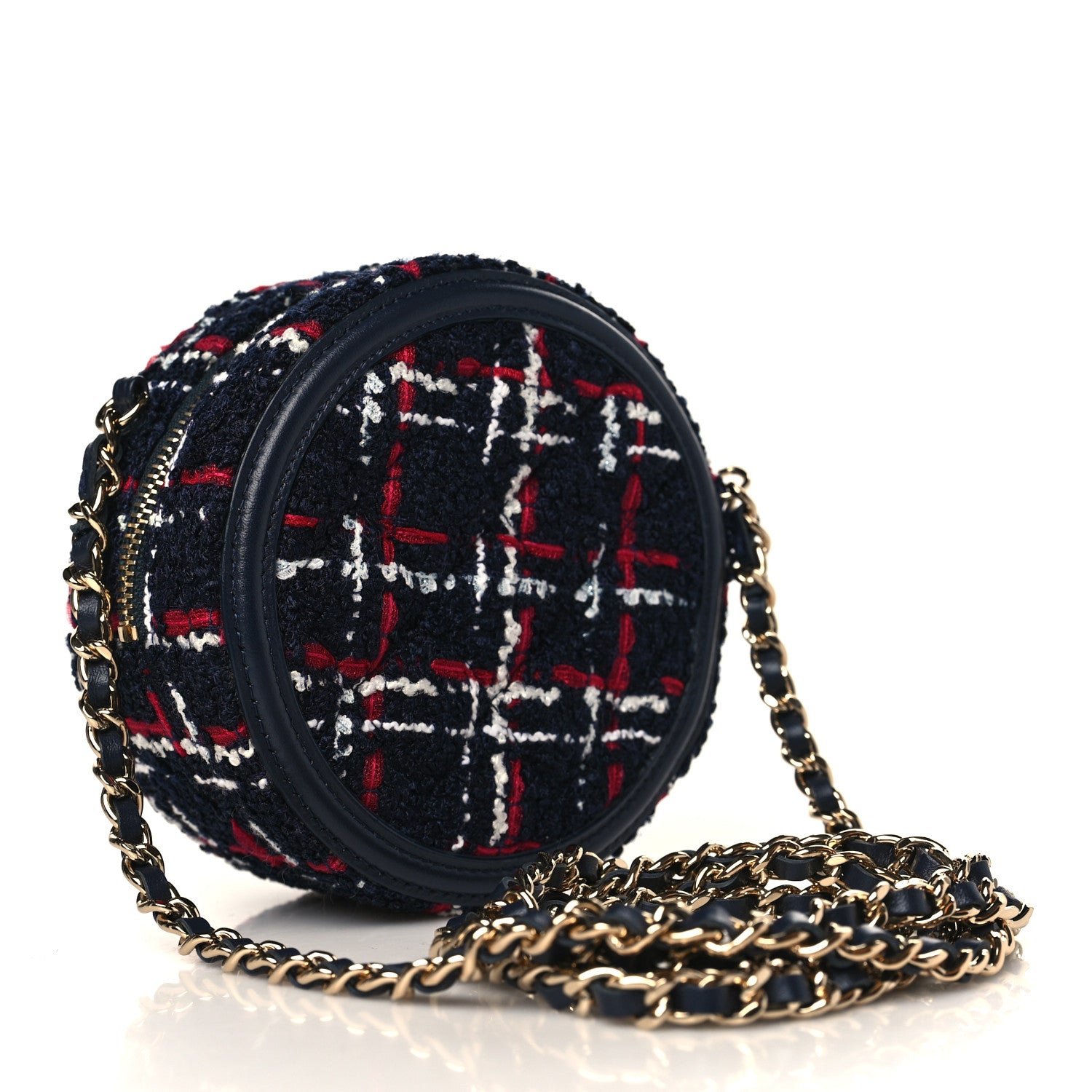Chanel Tweed Quilted Round Filigree Clutch With Chain Navy Blue 3 of 8
