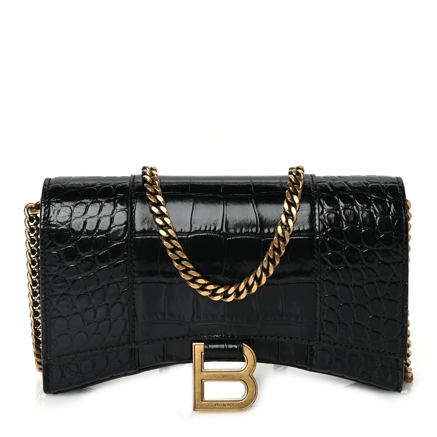 Shiny Calfskin Crocodile Embossed Hourglass Wallet on Chain Black