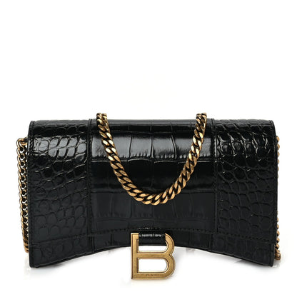 Balenciaga Shiny Calfskin Crocodile Embossed Hourglass Wallet on Chain Black 1 of 8