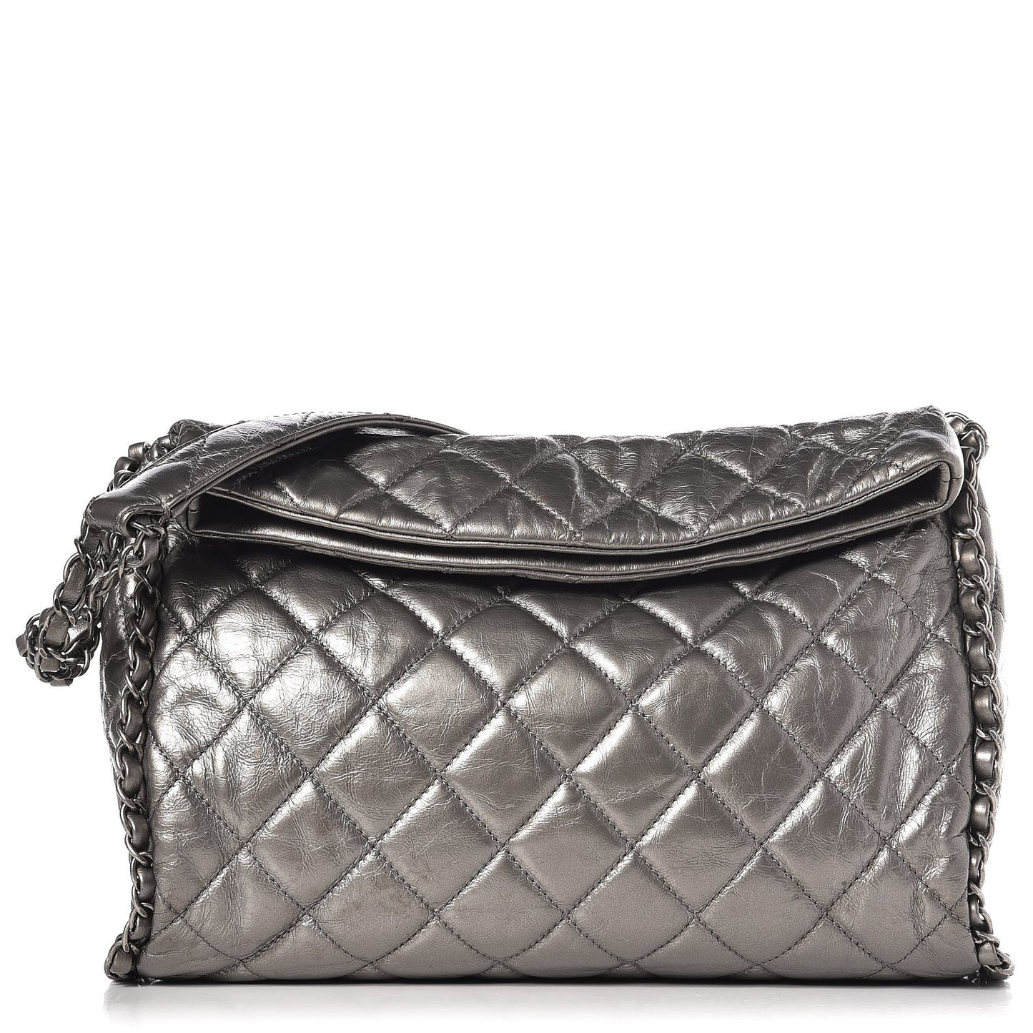 Metallic Calfskin Quilted Medium Chain Me Hobo Dark Silver