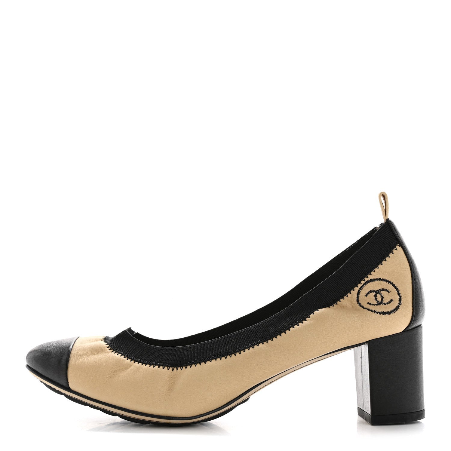 Chanel Lambskin CC Elastic Stretch Pumps 38 Beige Black 1 of 7