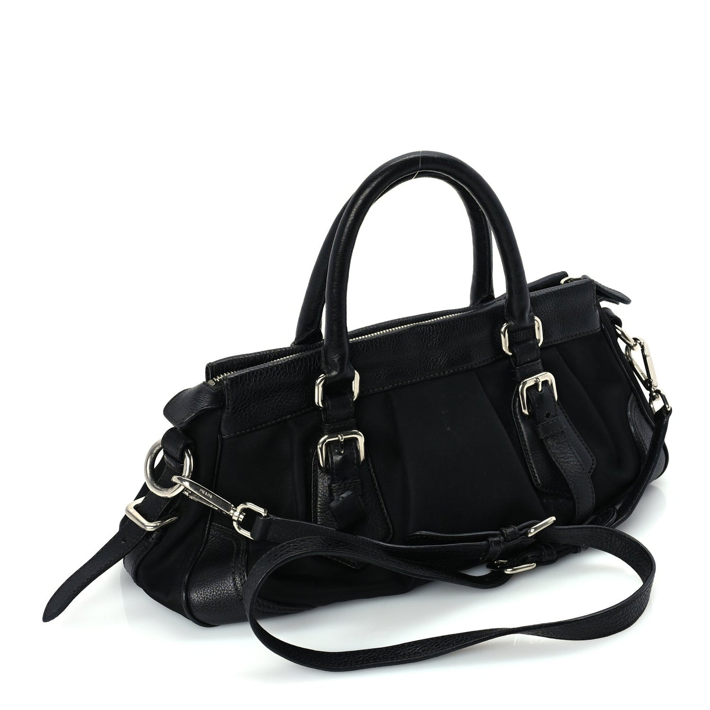 Nylon Calfskin Buckle Shoulder Bag  Black