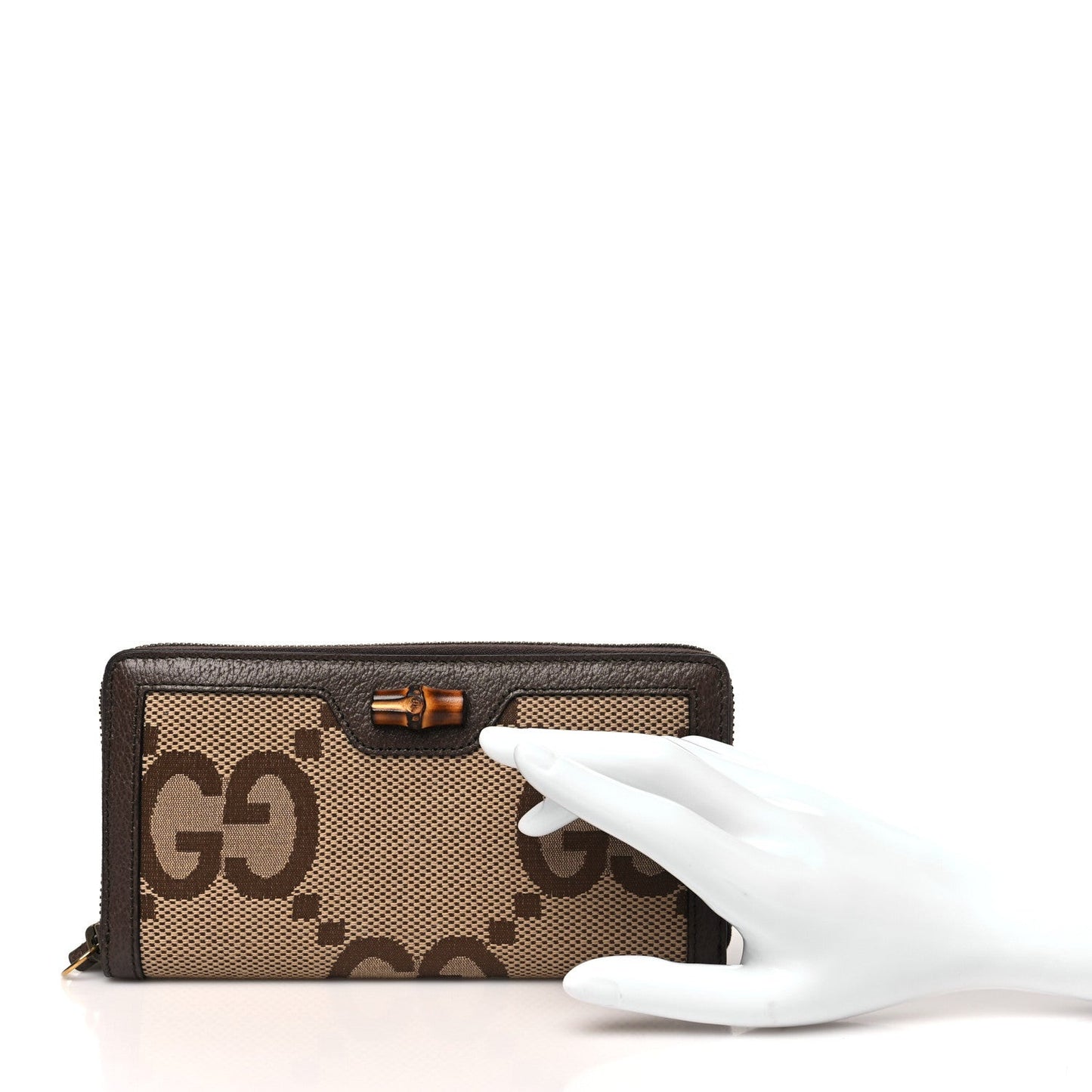 Monogram Jumbo GG Textured Dollar Calfskin Diana Zip Around Continental Wallet Camel Ebony New Acero
