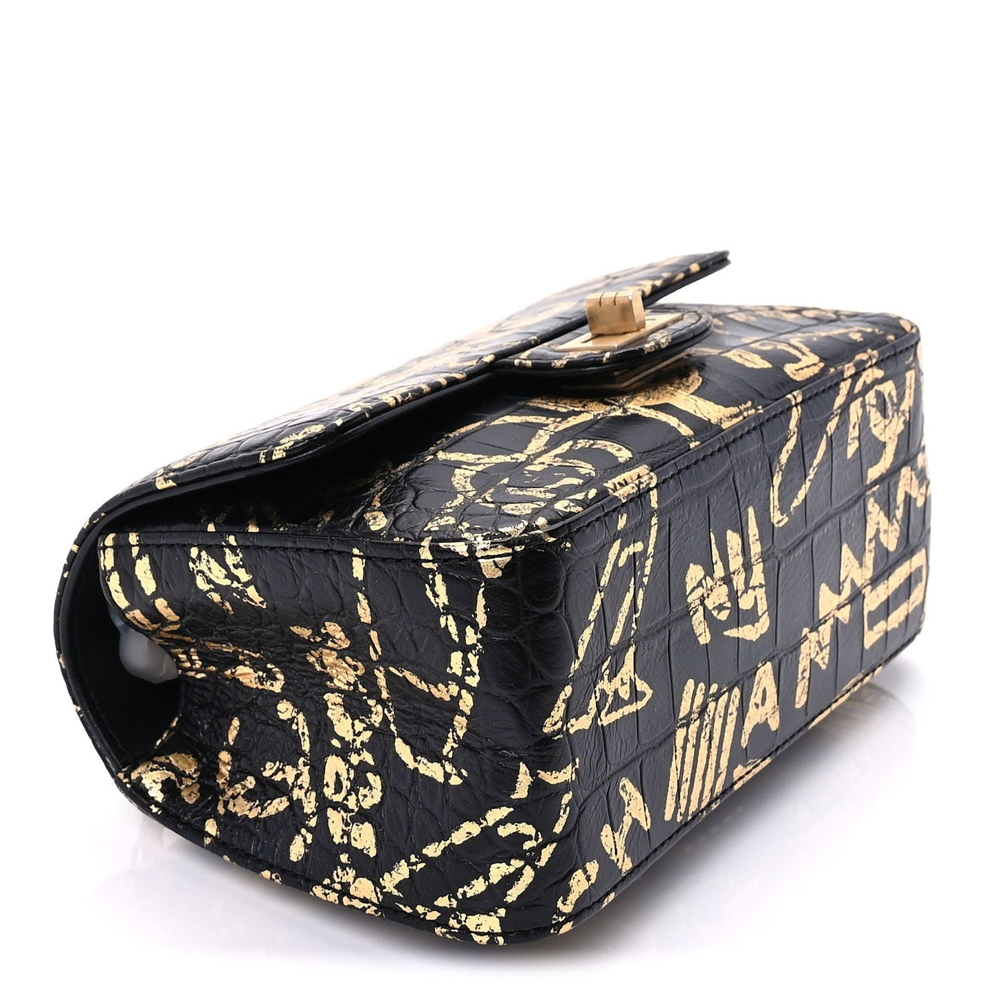 Calfskin Crocodile Embossed Graffiti 2.55 Mini Cocodile Reissue Flap  Black Gold