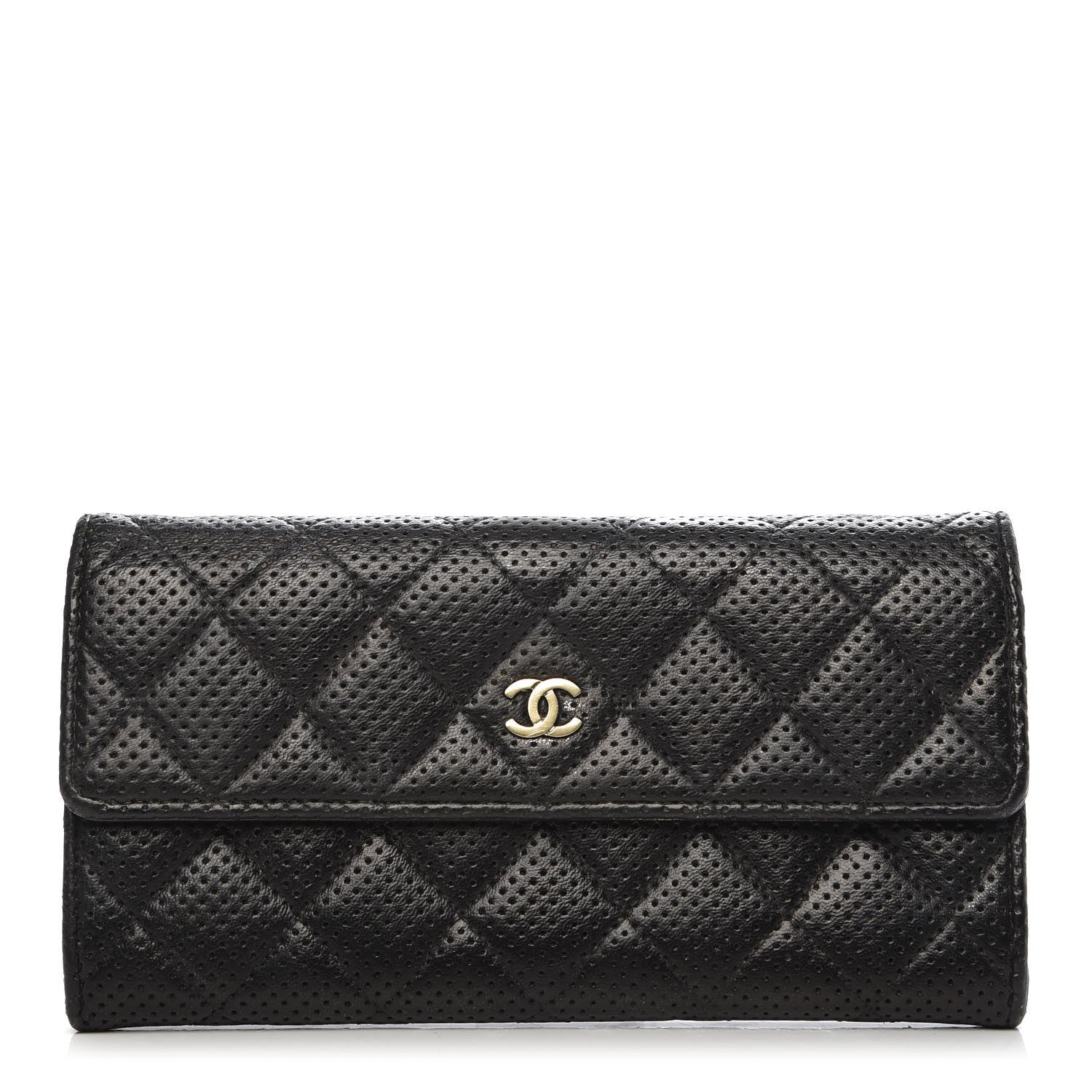 Chanel Perforated Lambskin Quilted Large Gusset Flap Wallet Black 1 of 14