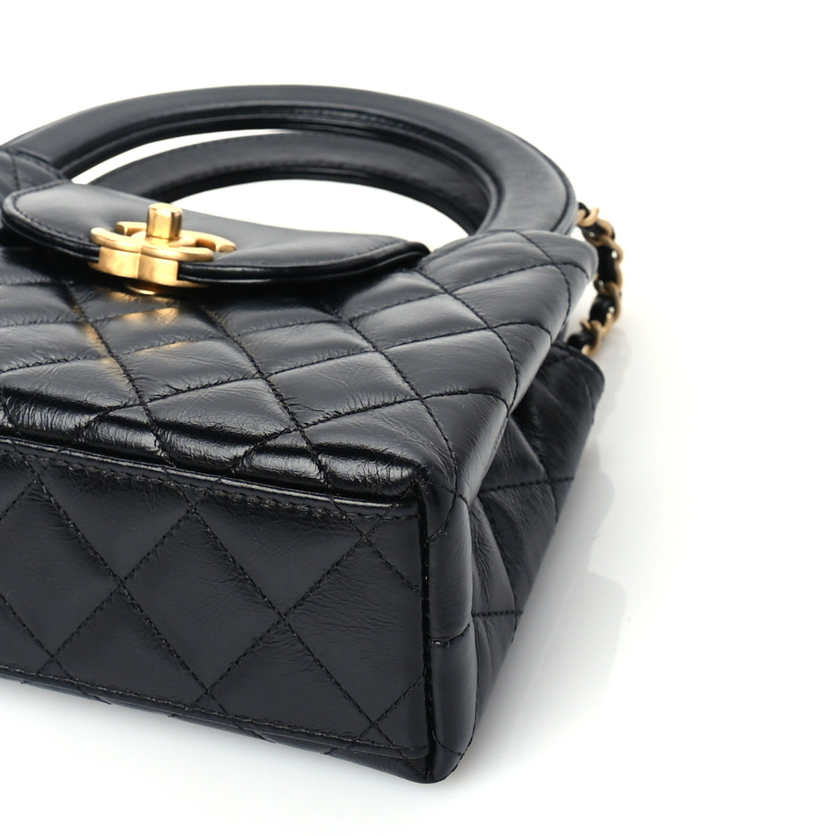 Shiny Aged Calfskin Quilted Nano Kelly Shopper Black