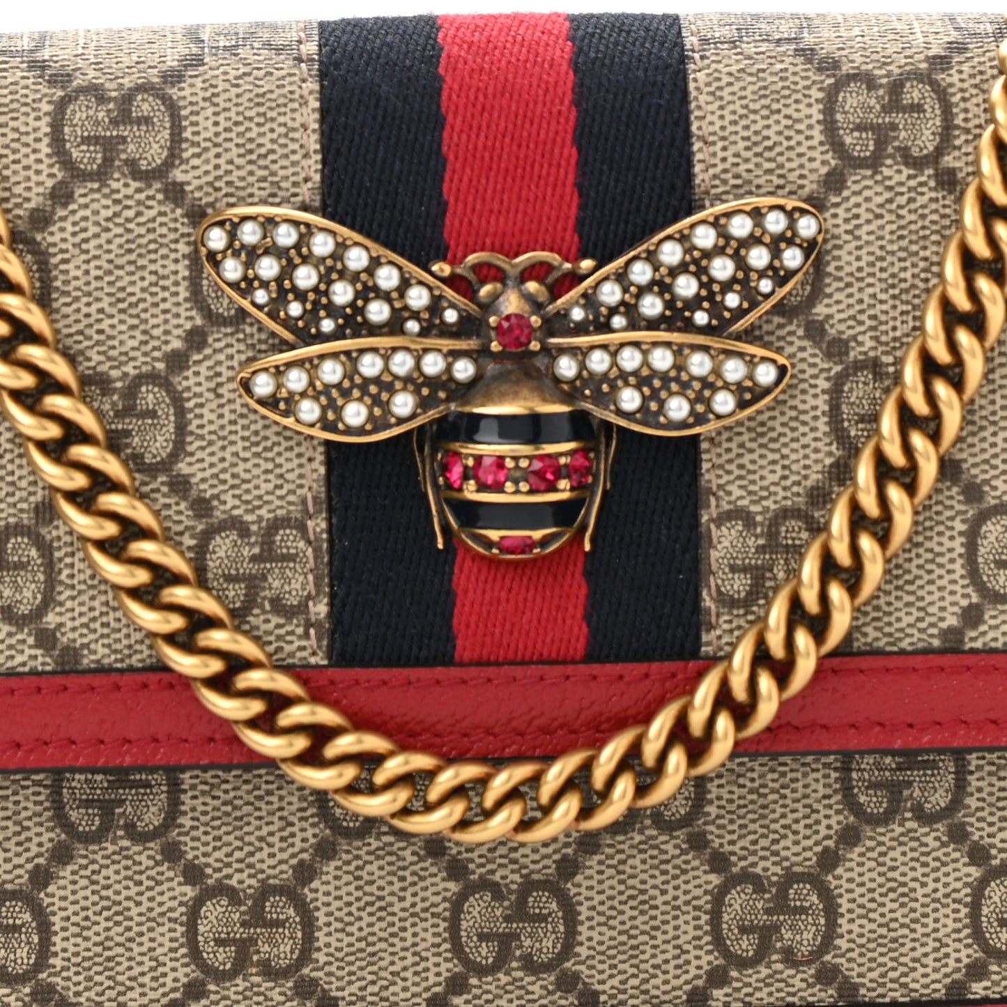 GG Supreme Monogram Web Queen Margaret Chain Wallet Red