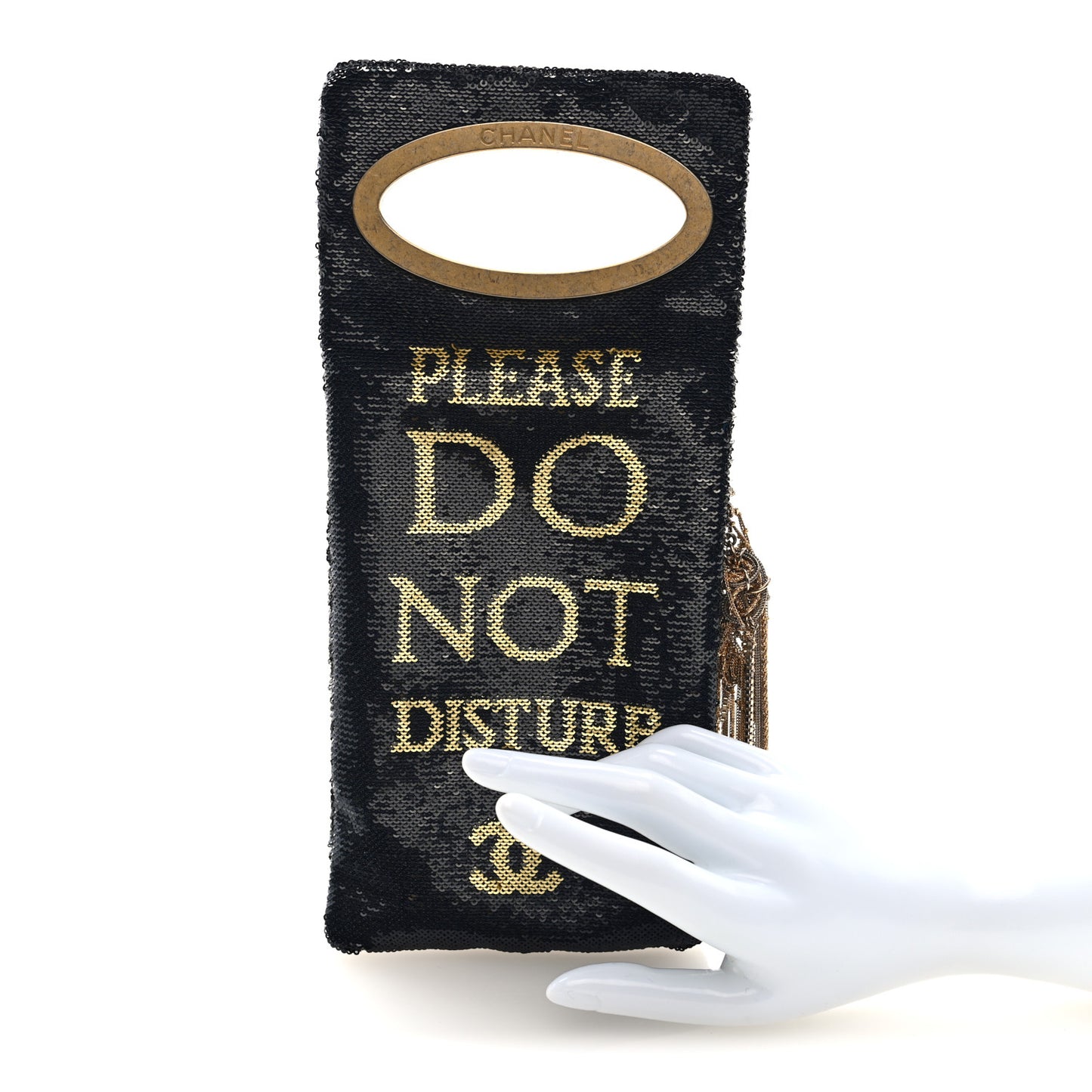 Sequin Do Not Disturb Minaudiere Clutch Black Gold