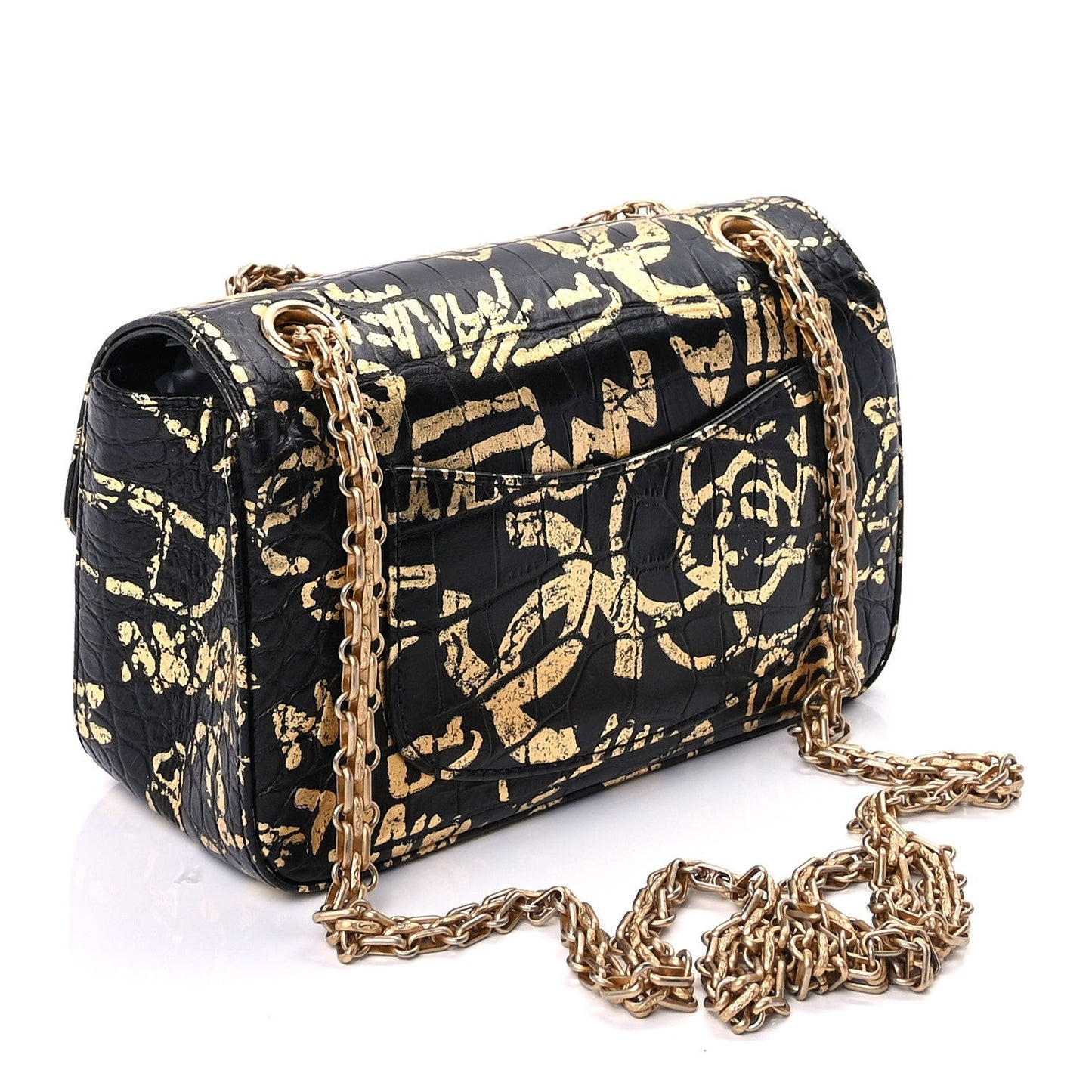 Calfskin Crocodile Embossed Graffiti 2.55 Mini Cocodile Reissue Flap  Black Gold