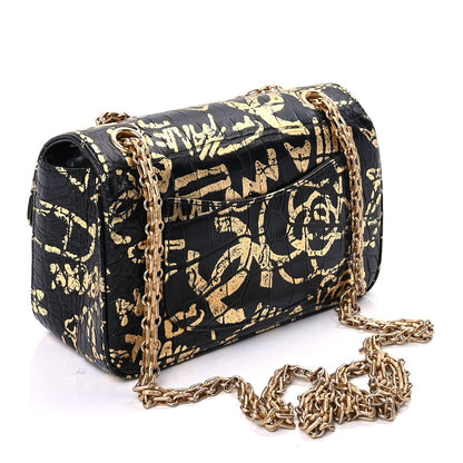 Chanel Calfskin Crocodile Embossed Graffiti 2.55 Mini Cocodile Reissue Flap  Black Gold 2 of 8