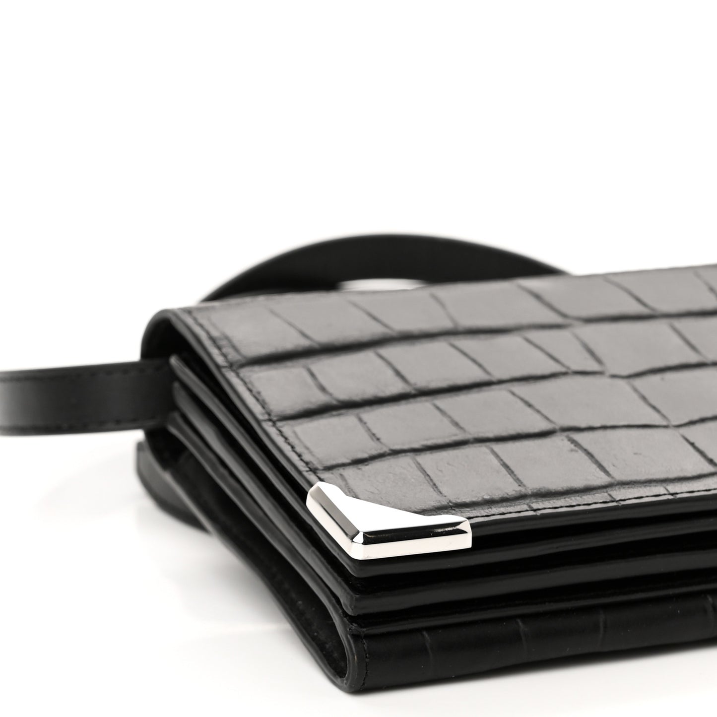 Crocodile Embossed Calfskin Shoulder Bag Black Silver Hardware