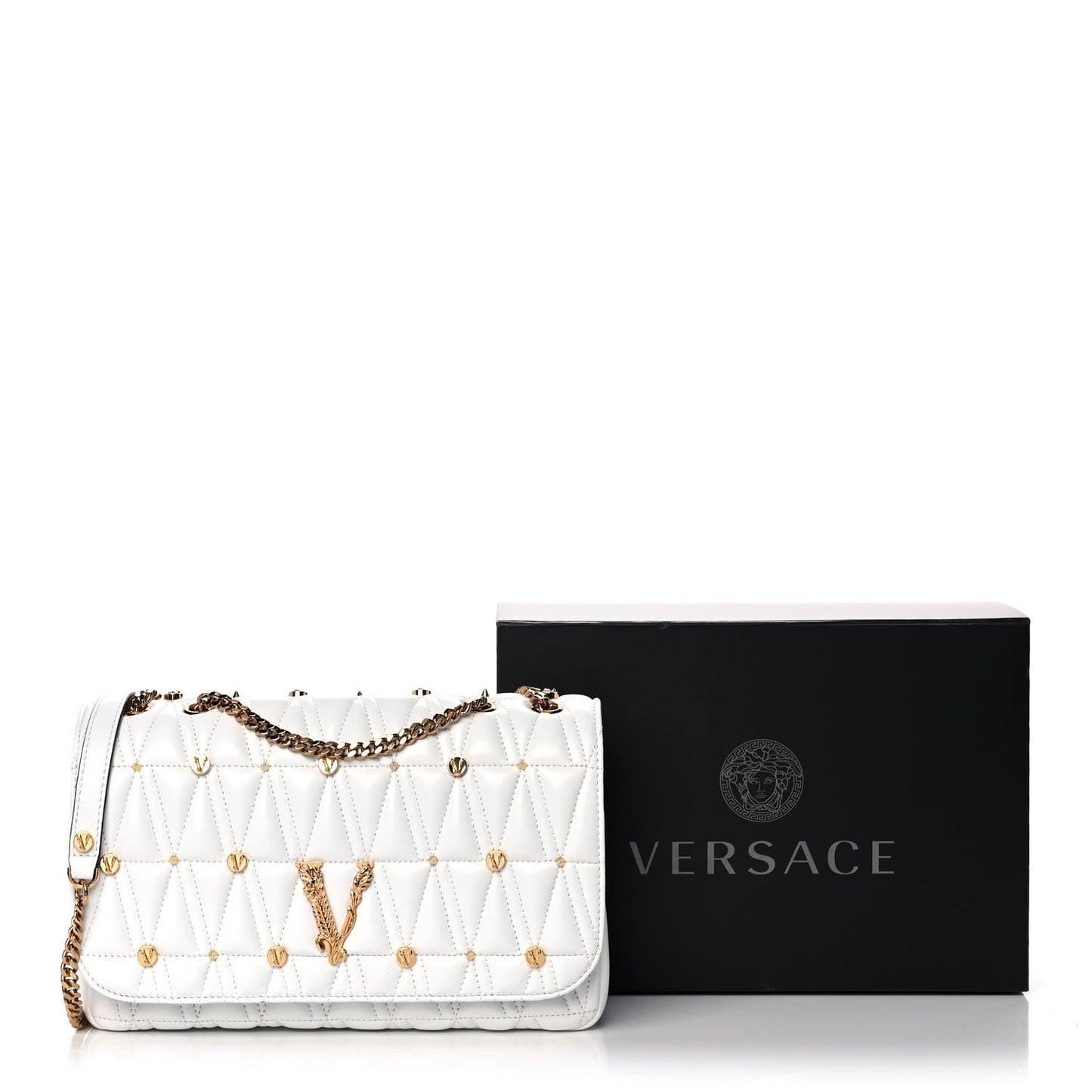 Nappa Quilted Studded Virtus Shoulder Bag White